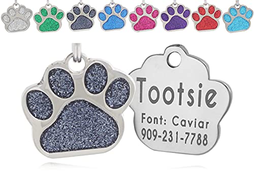 io tags Pet ID Tags, Personalized Dog Tags and Cat Tags, Custom Engraved, Easy to Read, Cute Glitter Paw Pet Tag (Black)…