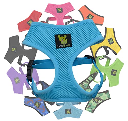 EcoBark Dog Harness - Eco-Friendly Max Comfort Harnesses - Luxurious Soft Mesh Halter - Over The Head Harness Vest- No Pull and No Choke for Puppy, Small Breeds & Medium Dogs (Large, Sky Blue)