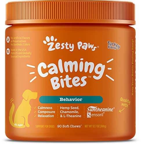 Zesty Paws Calming Chews for Dogs - Composure & Relaxation for Everyday Stress & Separation + Thunderstorms & Travel - with Ashwagandha & Melatonin - Turkey Flavor - 90 Count